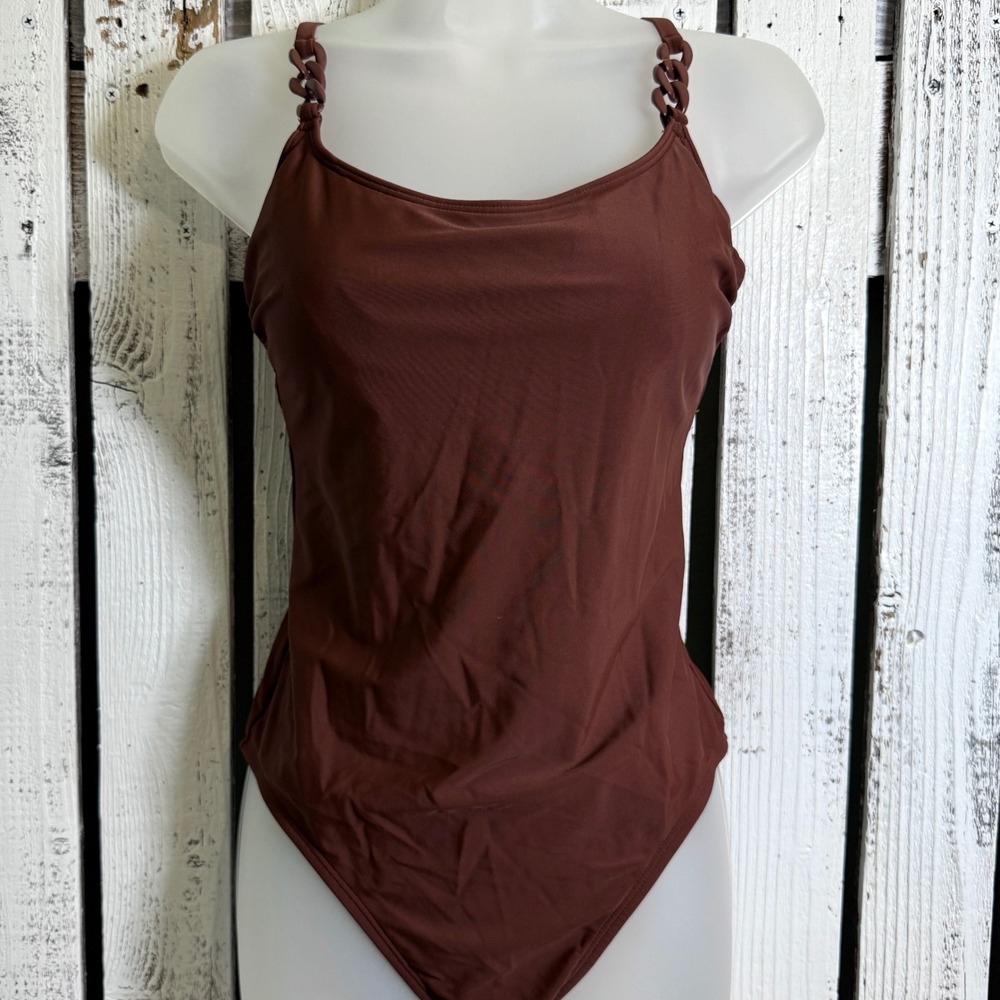 Kona Sol Brown‎ Chain Strap One Piece Swimsuit Size Medium Chic Cheeky Padded